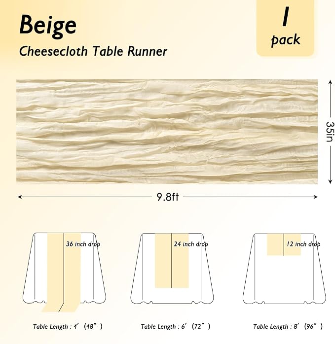 8 Pack Ivory Cream Cheesecloth Table Runner 120 Inch Boho Wedding Decor | - Image 2
