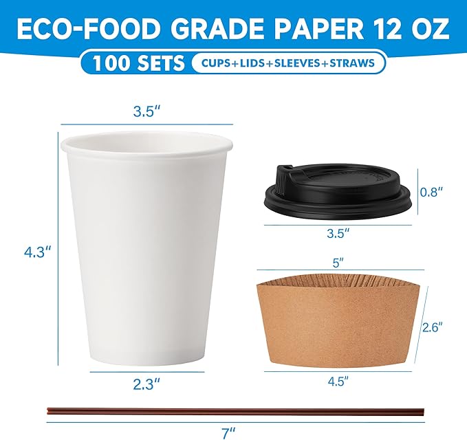 RACETOP 12 oz 100 Pack Disposable Paper Coffee Cups with Lids, Sleeves and Stirrers, Hot Cups, Paper Cups with Lids, Sleeves and Stirrers, Ideal for Home/Office