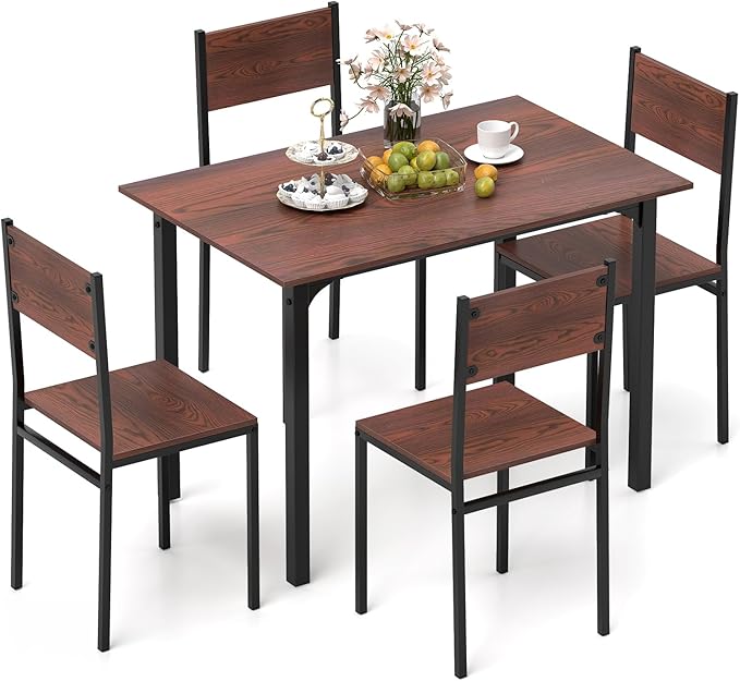 COSTWAY Dining Table Set for 4, Rectangular Kitchen Table and Chairs Set with Backrest, Metal Frame, Space-Saving Dinette Set, Breakfast Nook Table Set for Small Space, Apartment, Dorm (Walnut)