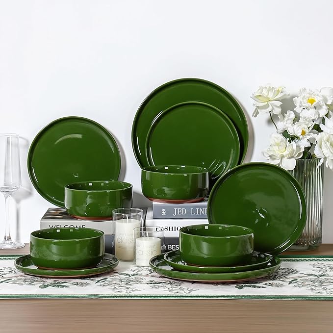 GZG Modern Art Series - 18 Pcs Speckled Stoneware Plates and Bowls Sets, Ceramic Dinnerware Set with Rustic Terracotta Underside, Microwave and Dishwasher Safe Handcrafted Dishes Set - Verdant Green
