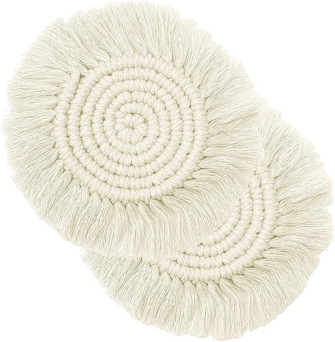 Boho Coasters Set of 2, Elegant Woven Cotton Drink Coasters, Handmade Macrame by Unknown