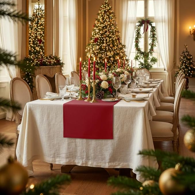 D'Moksha Homes Linen Red Table Runner 132 Inches Long - 100% Pure Linen Extra Long Table Runner 14 x 132 Inch for Valentines, Spring - Machine Washable
