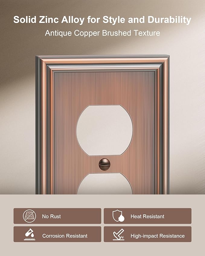 4-Pack Duplex Outlet Cover, Durable Solid Zinc Alloy Decorative Switch Plates and Outlet Covers, Antique Copper Wall Plates for Electrical Outlet, 1 Gang Receptacle Cover, Corrosion Resistant
