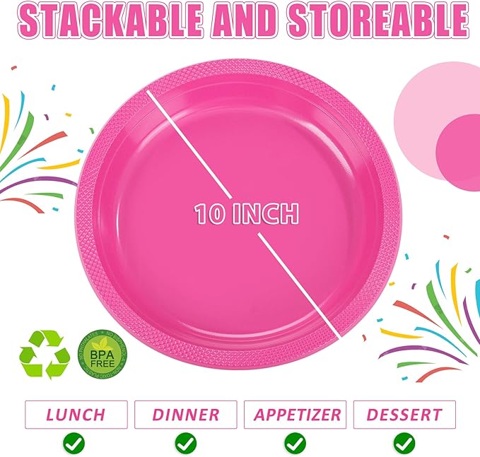 WELLIFE Hot Pink Party Plates 10 Inch -150 Count, Disposable Plastic Dinner Plates for Valentine's Day Girls' Party Easter Mother's Day Birthday Baby Shower Wedding