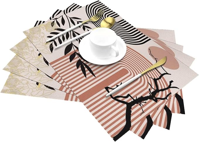 Abstract Mid Century Plant Placemats Boho Retro Tropical Palm Sun Arch Minimalist Modern Aesthetic Geometric Washable Place Mats 12x18Inch for Dining Kitchen Farmhouse Decor 6 PCS