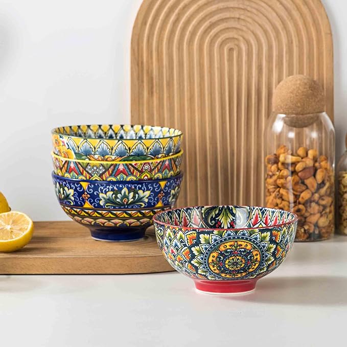 Henten Home Ceramic Soup Bowls Set of 4, Bohemia 22 oz Cereal Bowls Set, Porcelain Serving Bowls for Dinner, Salad, Pasta, Fruit, Decorative, Microwave & Dishwasher Safe
