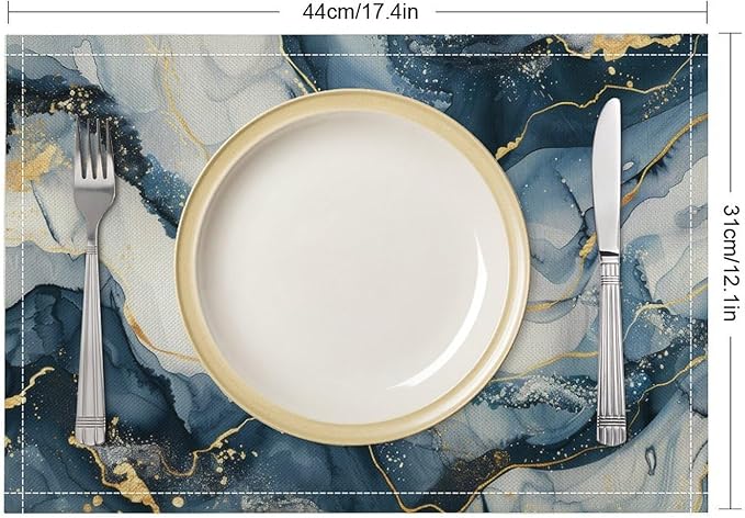 Marble Linen Place Mats Set of 4, 12x17 Inch Modern Abstract Foil Stone Texture Gold Navy Blue Marble Washable Fabric Non-Slip Placemats for Home Dining Table Banquets Party Kitchen Decoration
