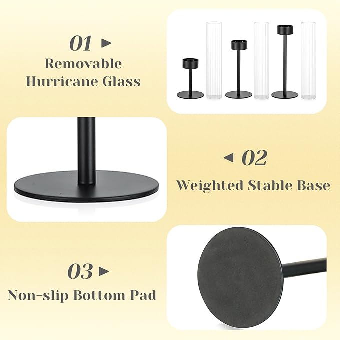 Hewory Black Taper Candle Holders: Candlestick Holders Set of 6 Hurricane Glass Tall Candle Holder for Candlesticks Candle Sticks Holder Decor for Table Centerpiece Wedding Party Christmas Decorations
