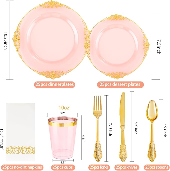 Hioasis 175pcs Pink and Gold Plates - Pink Party Plates for 25 Guest, Include 50 Heavy-duty Plates(20% Thicker Than Standard), 75 Cutlery Set, 25 Napkin, 25 Cups