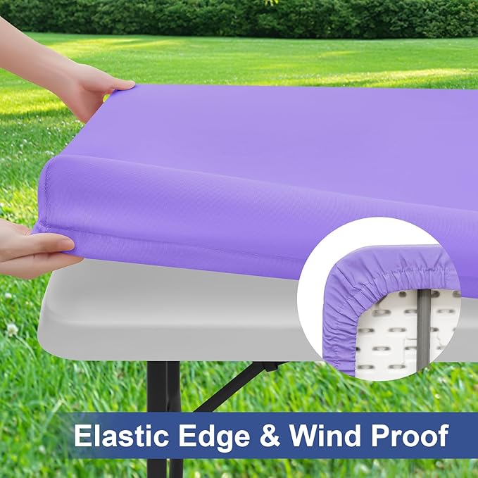 homing 2 Pack Rectangle Table Cloth, Elastic Fitted Fabric Tablecloth Fits for 8 Foot Folding Tables, Washable Table Cover for Picnic, Camping, Indoor & Outdoor (Lavender, 30" x 96")