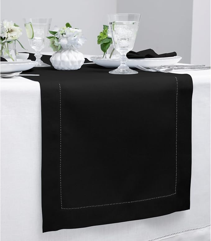 Solino Home 100% Linen Table Runner Black, Classic Hemstitch 14 x 108 in | - Image 2