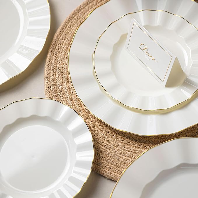 120PCS Ivory White Plastic Plates, Heavy Duty Disposable Party Plate with Gold Rim, Fancy 60 Dinner & 60 Dessert Plates for Parties and Wedding