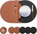 Myir JUN Round Placemats Set of 6 Faux Leather Place Mats and Coasters 15 inch Round Table Mats Dual Sided Non-Slip Stain Resistant Placemats (Black & Brown, Set of 6)