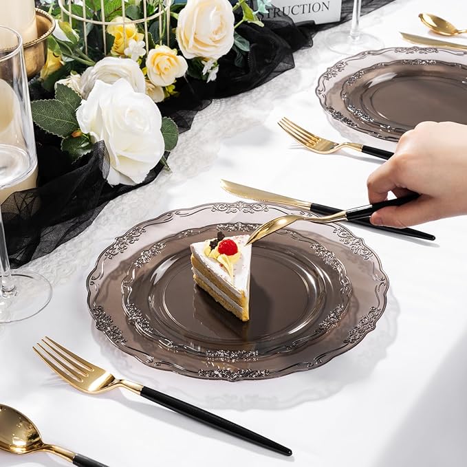 U-QE 100PCS Clear Black Plastic Plates - Heavy Duty Black Disposable Plates Including 50PCS 10'' Dinner & 50PCS 7.5'' Dessert Plates - Hard Plastic Platos for Party & Wedding & Bridal Shower
