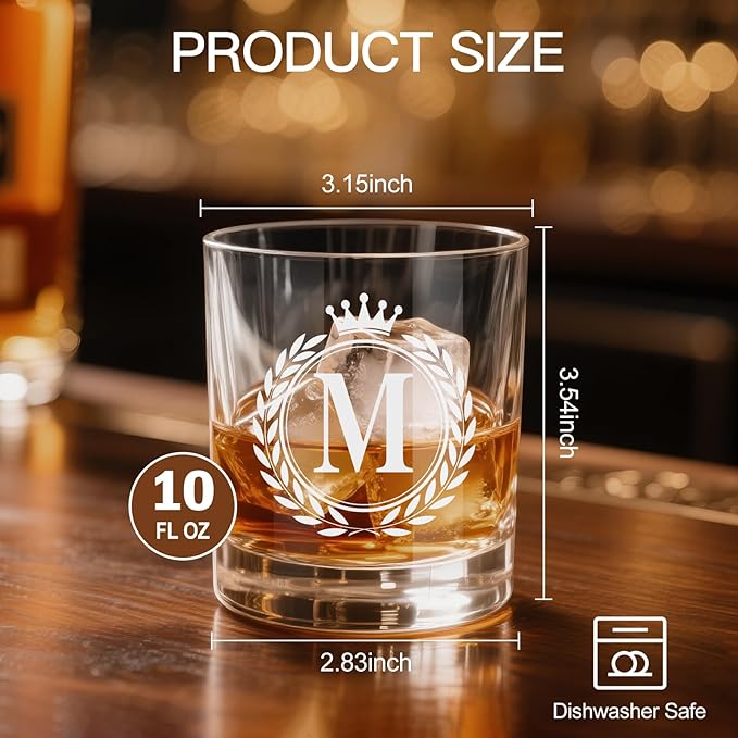 Whiskey Glasses - Rocks Old Fashioned Glass Gifts for Men, Monogrammed A-Z 10oz Personalized Whisky Glasses, Christmas Birthday Gifts for Men Him Dad Father Husband Brother Son (M)