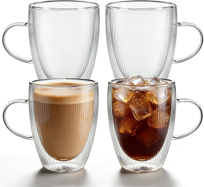 4 Pack Double Wall Glass Coffee Mugs, 12oz Glass Coffee Cup by Pitmoly