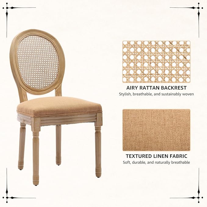 Vintage French Rattan Dining Chairs Set of 2, Round Back Accent Chairs with Rattan Backrest and Upholstered Linen Seat, Solid Wood Frame Sillas de Comedor for Dining Room & Kitchen, Camel