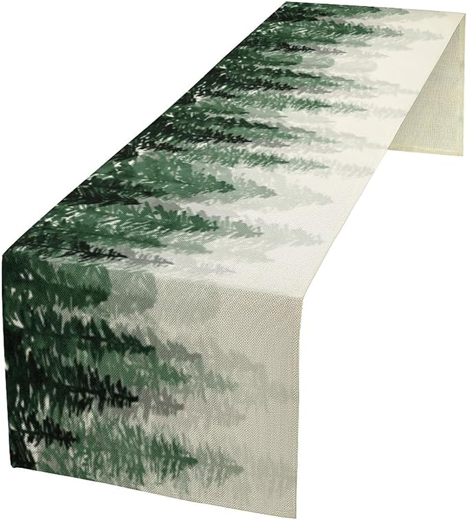 Green Forest Pine Trees Table Runner, Woodland Tabletop Scarf Home Kitchen by SXXLDNG