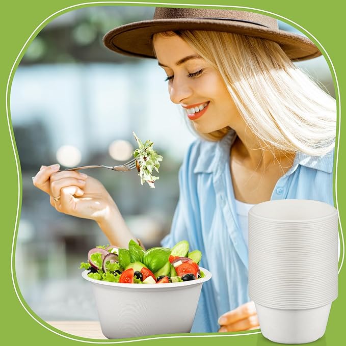 Tessco for you 100 Pack Large Disposable Salad Bowls Deep Heavy Duty Paper Bowls Sugarcane Fiber Compostable Biodegradable Microwave Safe for Hot Cold Soup Ramen Popcorn Pasta(32 oz,White Color)