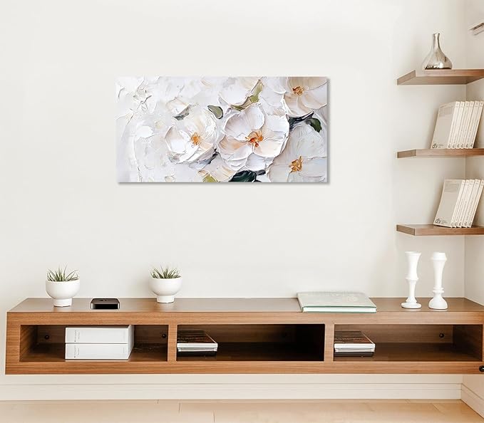 ADJUVANT Wall Art Impressionist Minimalist White Floral 60"L x 30"W, White Flowers With Subtle Tones Canvas Painting Delicate Petals Artwork Floral Wall Decor for Living Room Bedroom Bathroom Home Office