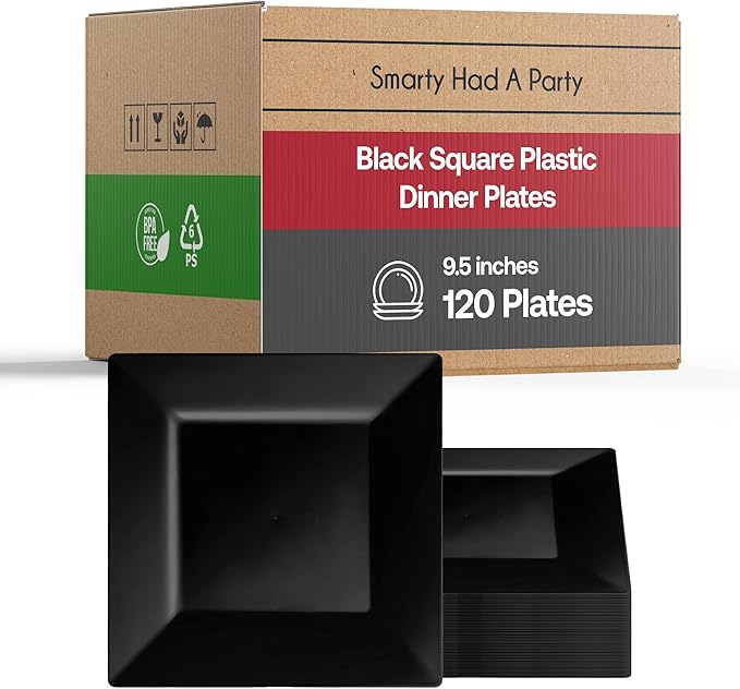 Smarty Had A Party 120 Elegant Disposable Plastic Dinner Plate, 9.5" Heavy Duty Fancy Square Black Dinner Plates for Parties and weddings