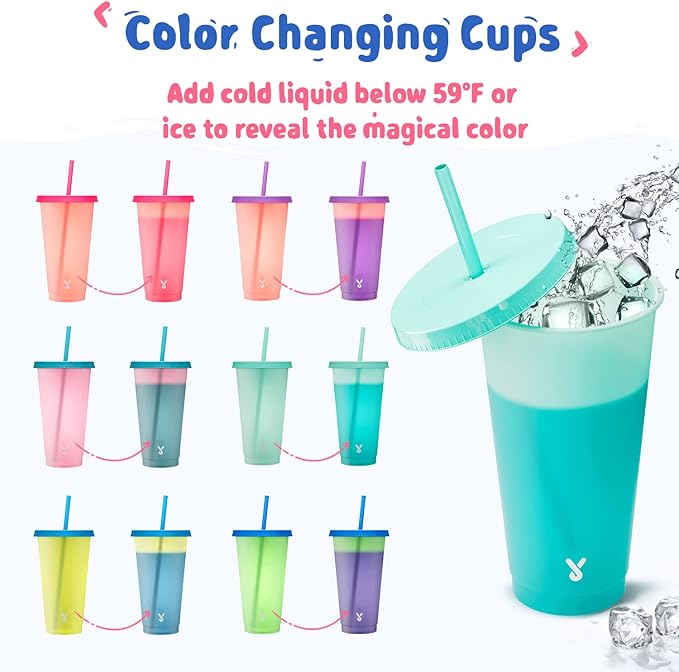 Meoky Plastic Cups with Lids and Straws Bulk - 6 Pack 24 oz Color Changing Reusable Cups with Lids and Straws for Adults Kid Women Party, Cute Cold Tumblers for Iced Coffee