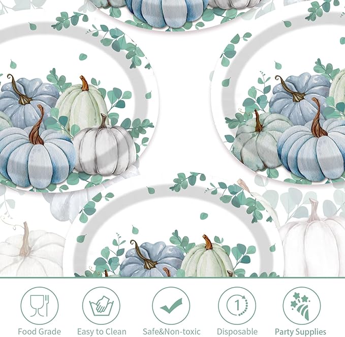 50Pcs Fall Oval Paper Plates Thanksgiving Plates Large 10" X 12" Disposable 400GSM Blue and White Pumpkin Plate for Little Pumpkin Baby Shower Fall Harvest Party Thanksgiving Party Decorations