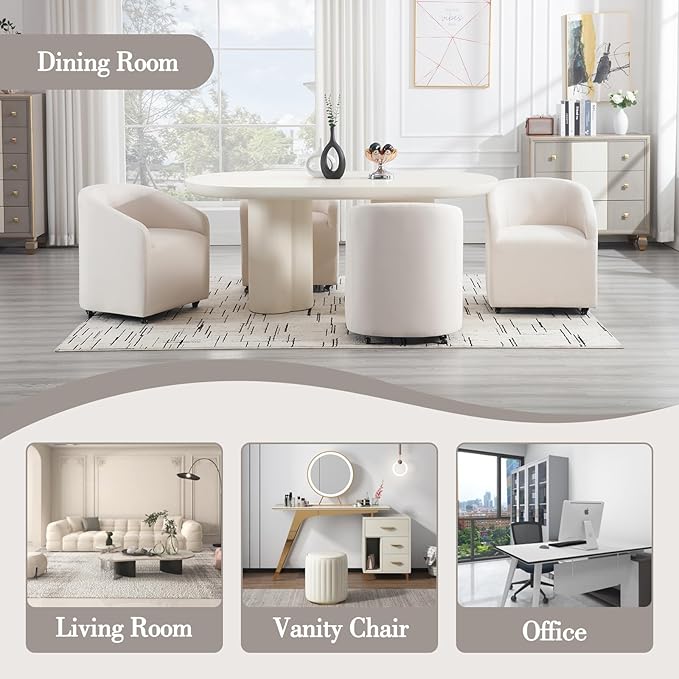 Modern Barrel Dining Chairs with Rolling Casters Set of 2, Upholstered Linen Swivel Dining Room Chairs with Wheels for Kitchen Living Room Home Office, Beige