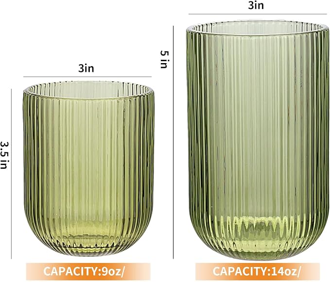 Set of 8 Ribbed Glassware, 4 Highball Glasses 14oz & 4 Rocks Drinking Glasses - Image 5