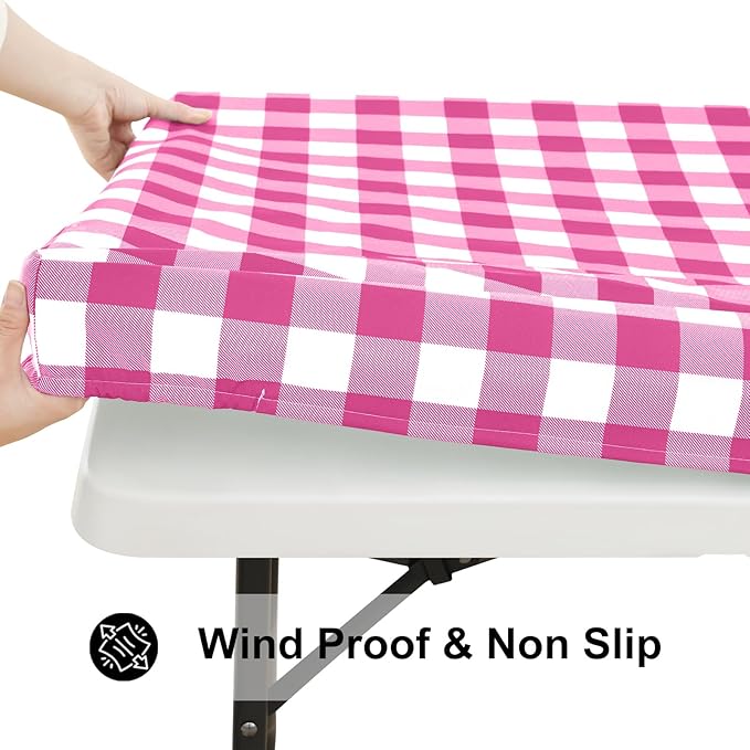 Smiry Rectangle Picnic Table Cloth, Elastic Waterproof Fitted Vinyl Tablecloths, Flannel Backed Buffalo Plaid Table Covers for Dining, Camping, Outdoor (Hot Pink and White, 30" x 60")