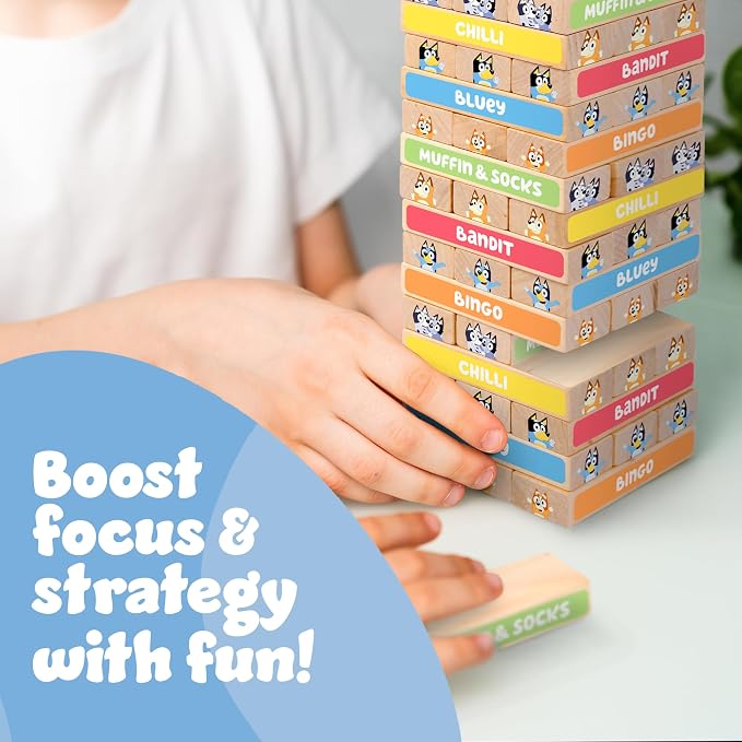 Bluey Tumbling Tower Game, 54 Illustrated Wooden Blocks, Ages 3+ - Image 6