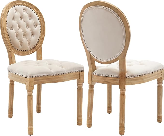 Vintage French Dining Chairs Set of 2, Round Back Velvet Upholstered Accent Chairs with Nailhead Trim and Solid Wood Frame, Elegant Sillas de Comedor for Dining Room & Kitchen, Beige