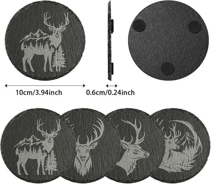 4Pcs Slate Coasters with Deer Pattern, Round 3.94 inch Cup Mats - Image 7