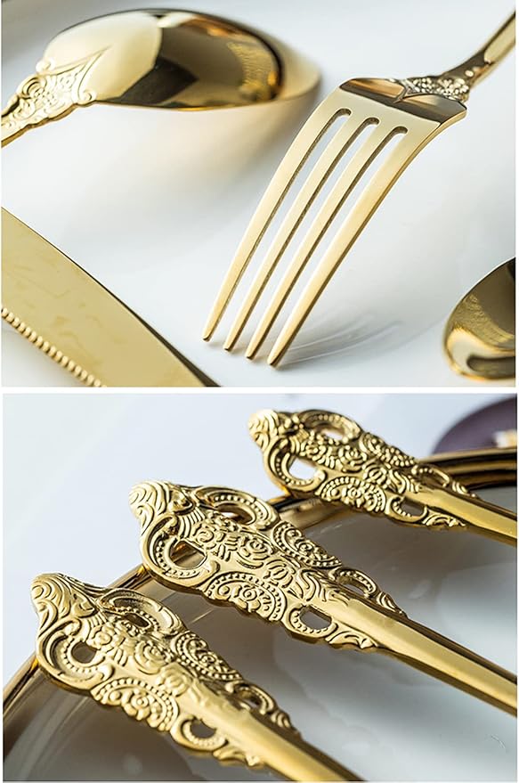 Gold Silverware Set for 10 Premium 18/10 Stainless Steel Flatware Set Palace Style 50 Piece Cutlery Tableware Utensils Embossed Decorative Handle Knives Forks and Spoons for Home Christmas Wedding