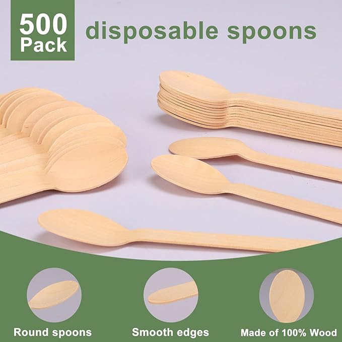 500 Pack Disposable Wooden Spoons 6.3 Inch - Sturdy Birch Wood Compostable & Biodegradable Cutlery - Sustainable Spoons for Catering, Party, Tasting, Ice Cream, Coffee & DIY Craft/Art Supplies