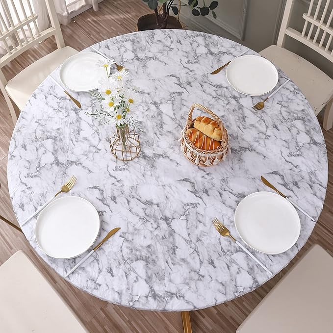 Walrus Round Vinyl Fitted Tablecloth with Flannel Backing Elastic Edge Design Table Cover Waterproof Oil-Proof PVC Table Cloth Stain-Resistant Best for 57"-66" Round