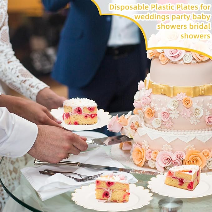 LIYH 100 Pcs Ivory Dessert Plates with Gold Rim- Ivory Plastic Plates 7.5" Disposable Scalloped Fancy Gold Plastic Plate,Baby Shower Cake Plate Party Suitable for Valentine's Day or Mother's Day