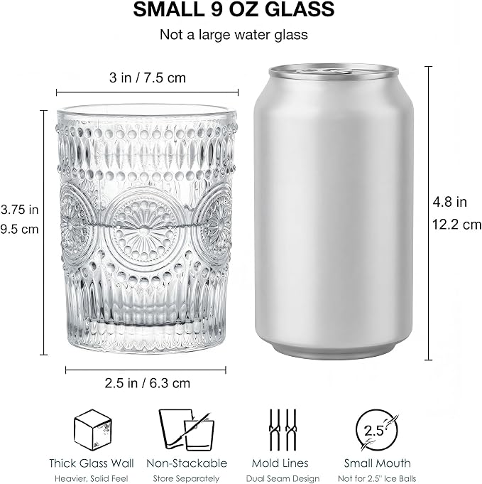 Kingrol 6 Pack SMALL 9 oz Drinking Glasses, Vintage Embossed Tumblers - Image 2