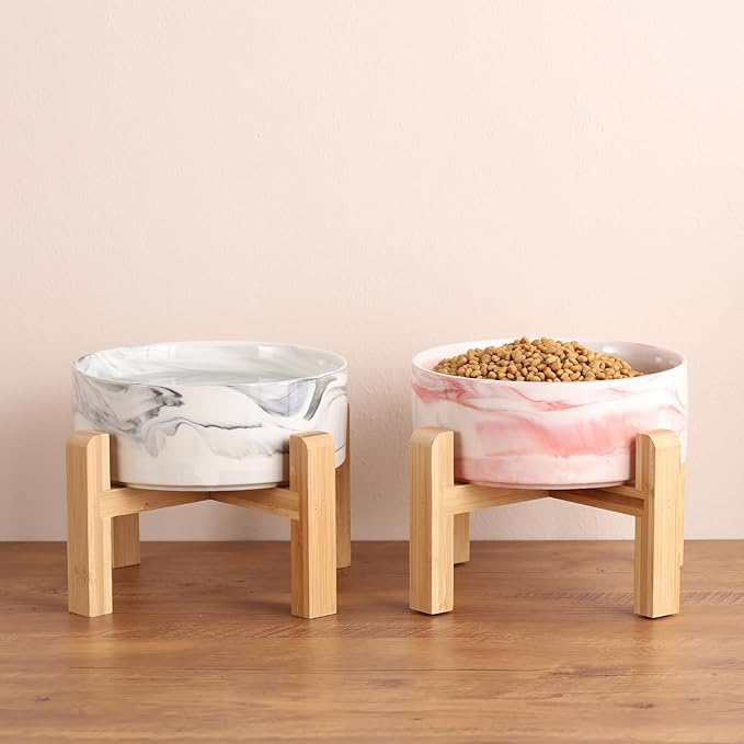 Elevated/Raised Dog Bowl Ceramic with Wood Stand for Small Medium Breed,Dog Food Water Dish Heavy, 6 in Non Slip Modern Cute Porcelain Pet Bowl Marble Pink