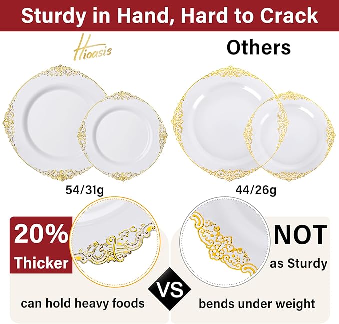 Hioasis 350pcs White and Gold Plates - White Party Plates for 50 Guest, Include 100 Heavy-duty Plates(20% Thicker Than Standard), 150 Cutlery Set, 50 Napkin, 50 Cups