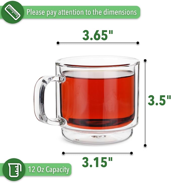 BTaT- Double Walled Stackable Glass Coffee Mugs, 12 oz, Glass Coffee Cups - Image 3
