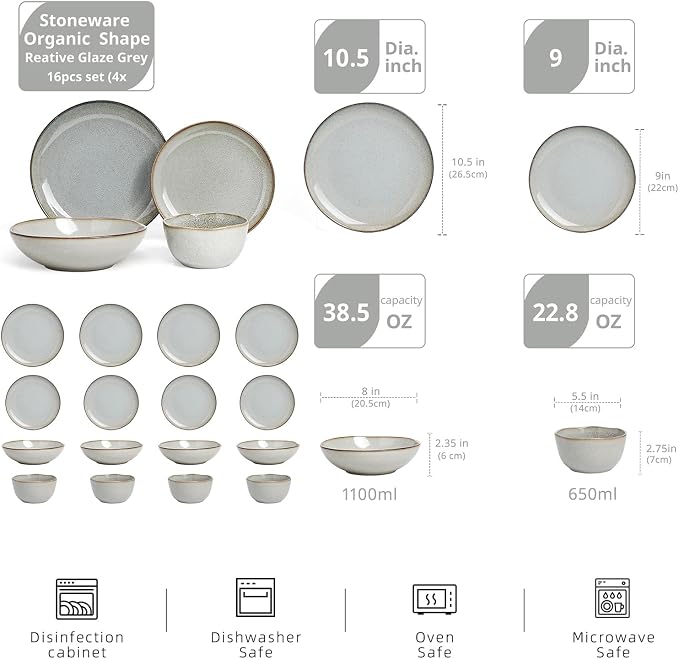 Highland 16pc Dinnerware Set, Unique Organic Shape Double Bowl, Stoneware Plate - Image 2