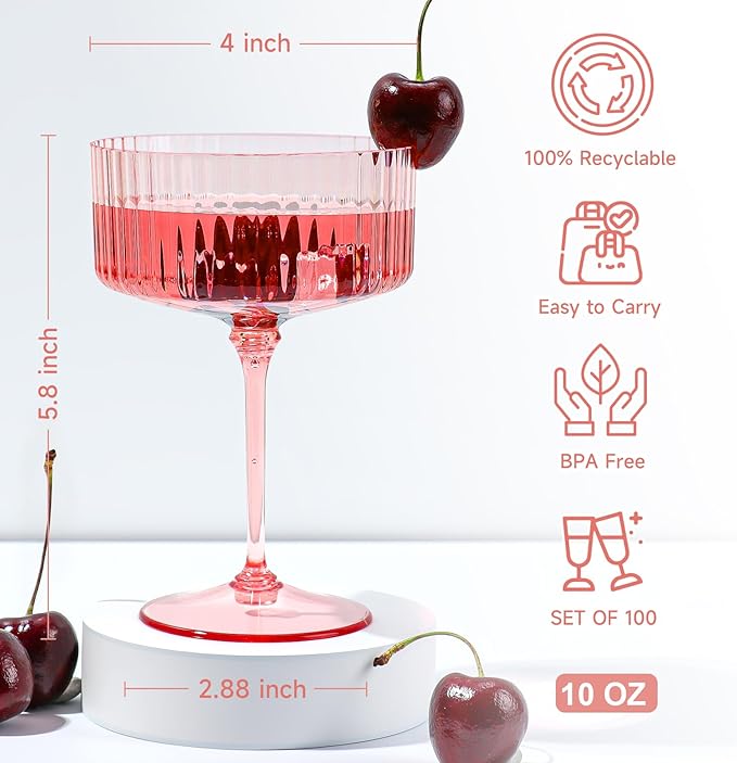 XUWAIDSGN 100 Pcs Champagne Martini Glasses 9 Oz with Gilded Removable Gold Rim Coupe Glasses Pink Martini Glasses Plastic Mimosa Vintage Coupe Glasses Set For Wedding Anniversary (100, Ribbed Pink)