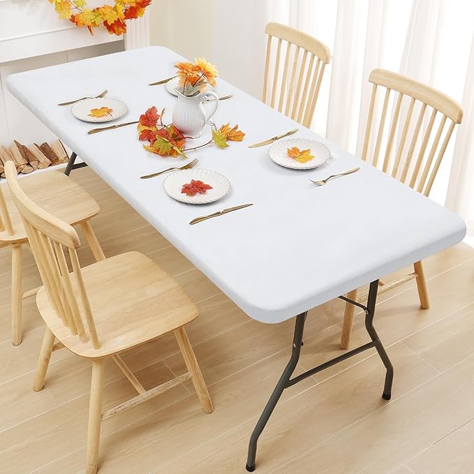 Smiry Rectangle Tablecloth, Elastic Fitted Flannel Backed Vinyl Tablecloths for 4ft Folding Tables, Waterproof Wipeable Table Covers for Indoor, Outdoor, Picnic and Camping (White, 24"x48")