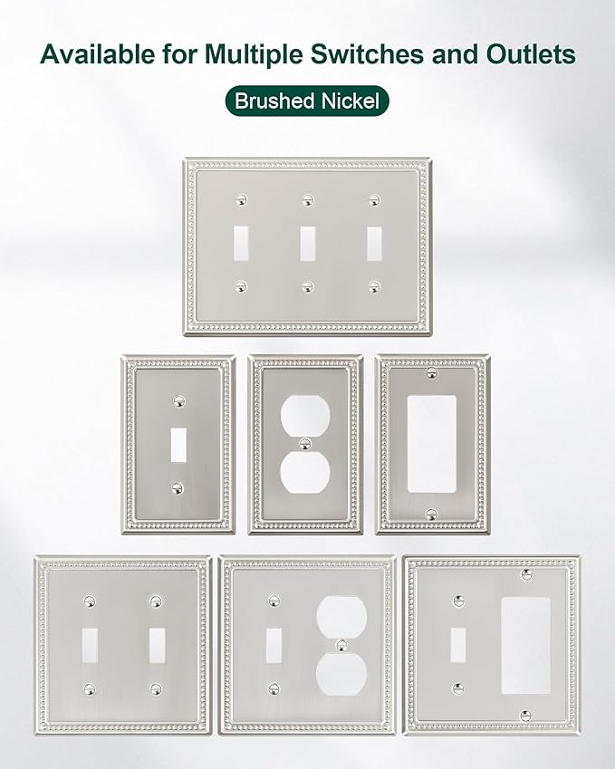 2-Pack Double Toggle Light Switch Cover Plate, Pearls Decorative Dual Switch Plate Covers, Brushed Nickel 2 Gang Metal Wall Plate, Corrosion Resistant
