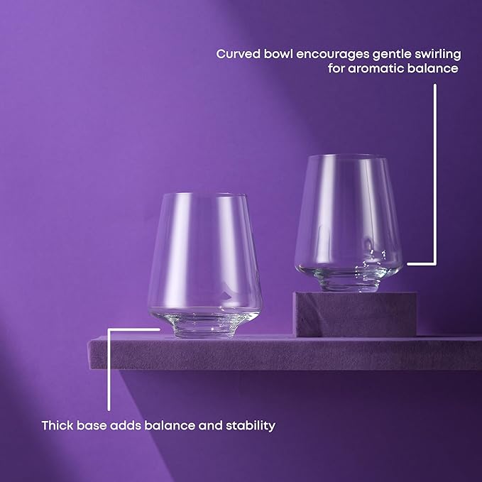 JoyJolt Sidney Stemless Wine Glasses Set of 4 | 19 oz Modern Drinking Glasses | Tapered Bulb Shaped Tumbler Cups for White and Red Wine | Home Bar Glass Set | Premium Crystal Made in Europe