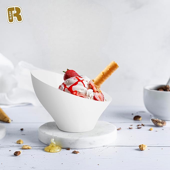 R-kay 6 Pack Angled White Serving Bowls - Small Plastic bowls 6 oz - Premium Plastic Serving Bowls Heavy Duty For Weddings Catering, parties, And All Occasions (White, Small)