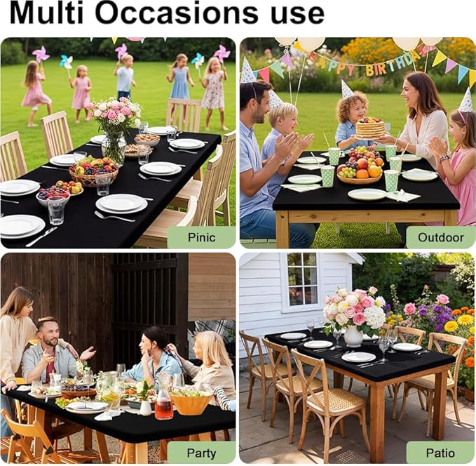 Smiry Rectangle Table Cloth, Waterproof Elastic Fitted Tablecloths for 6 Foot Tables, Washable Polyester Table Cover for Picnic, Camping, Outdoor (Black, 30"x72")