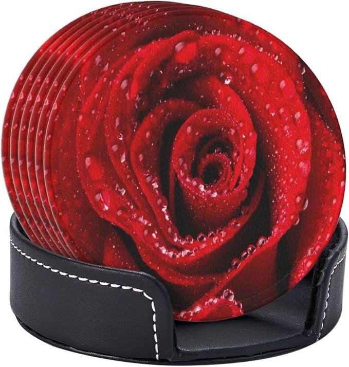 6 Pcs Red Rose Leather Coasters - Image 6