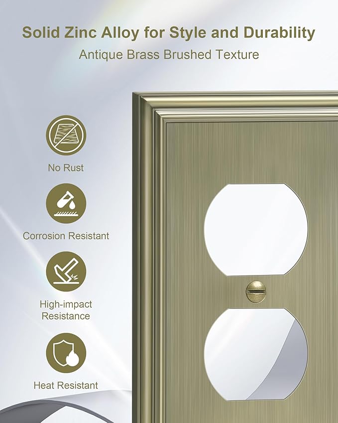 2-Pack Single Duplex Outlet Cover Plate, Decorative Antique Brass Switch Plates and Outlet Covers, Metal Wall Plates for Electrical Outlets, 1 Gang Receptacle Cover, Corrosion Resistant